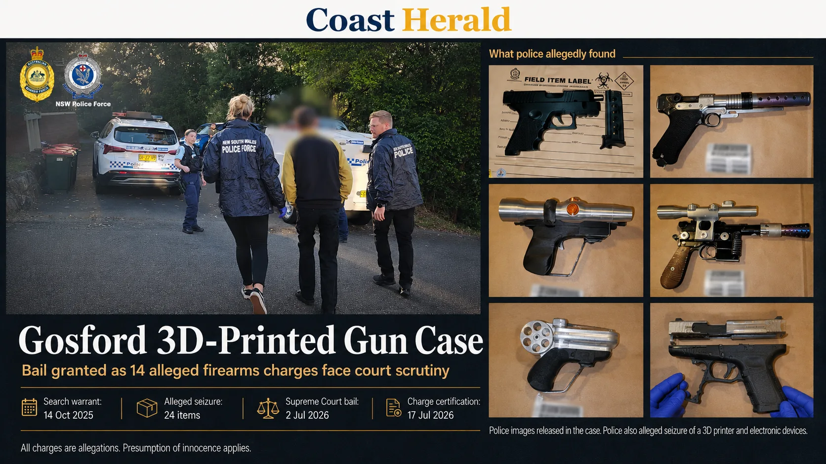 Gosford 3D-printed gun case: Shane Bridekirk wins bail as 14 alleged firearms charges, seized weapons and digital evidence face court scrutiny.