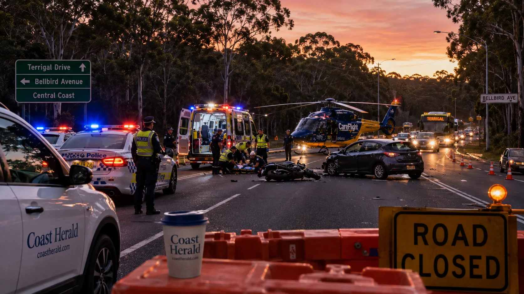 Patient flown to John Hunter after Terrigal Drive motorcycle and car crash