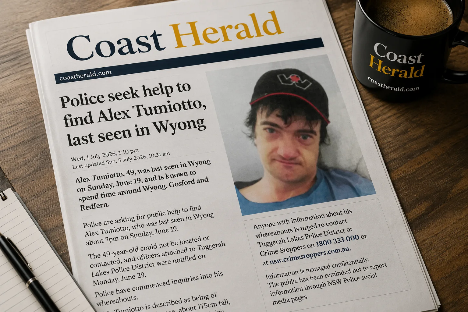 Police seek help to find Alex Tumiotto, last seen in Wyong