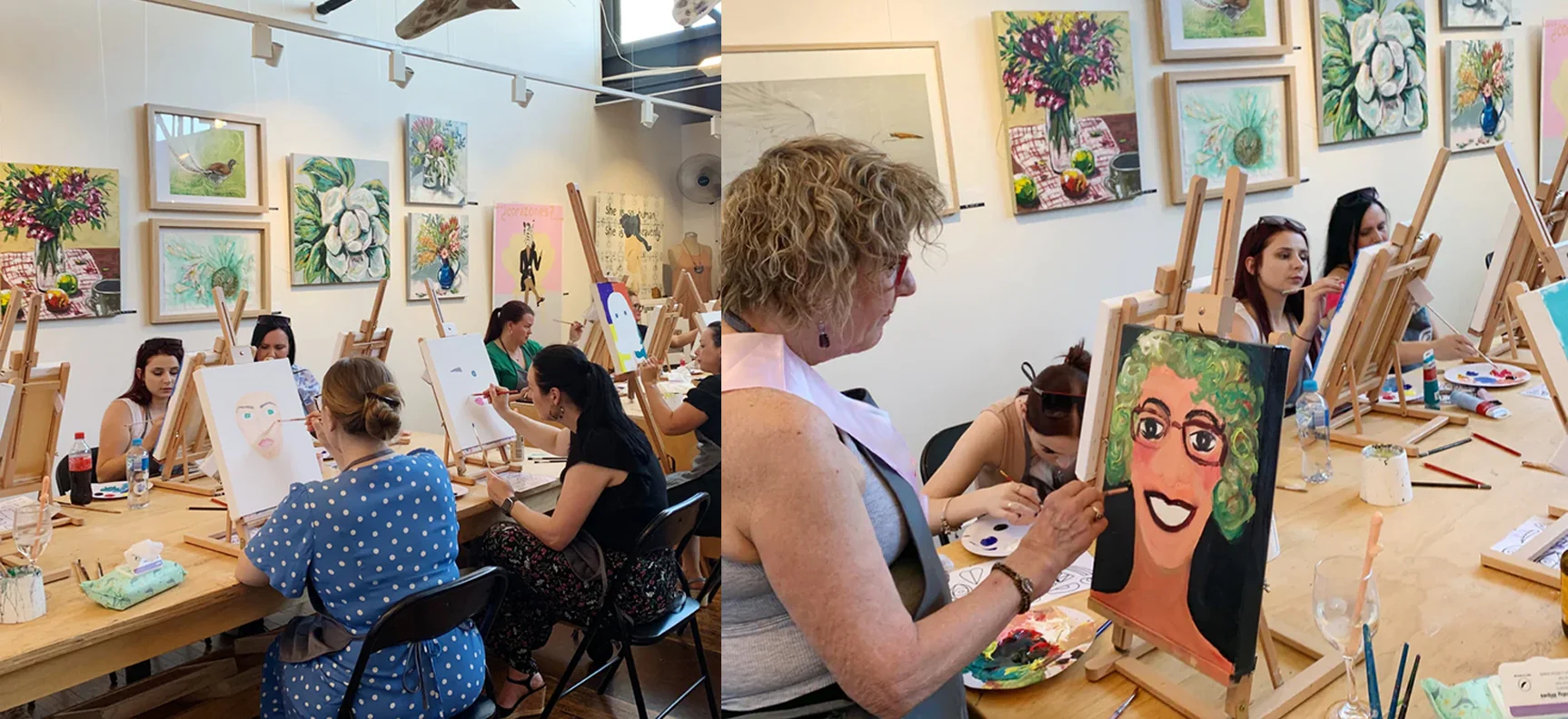 Participants painting canvases during a group paint-and-sip workshop