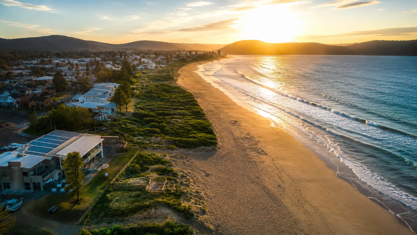 Aerial view along Umina Beach towards Ocean Beach and Broken Bay