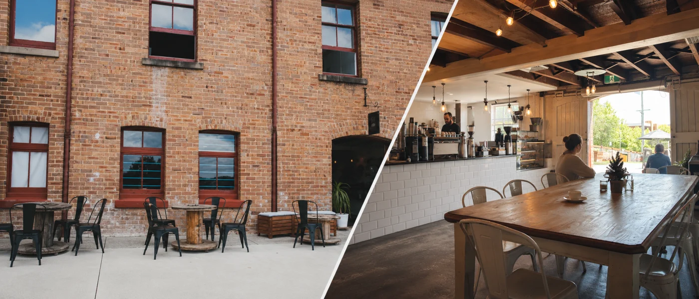 Glee Coffee at the Chapman Building showing its brick courtyard and industrial café interior